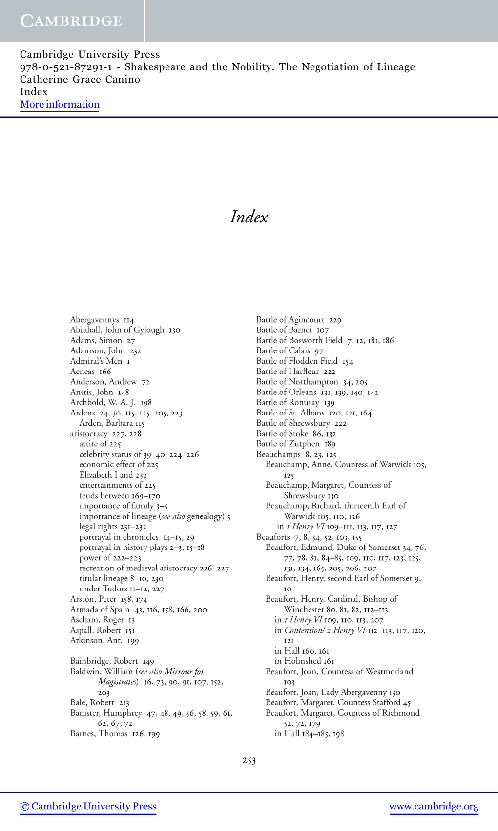 Shakespeare and the Nobility: the Negotiation of Lineage Catherine Grace Canino Index More Information