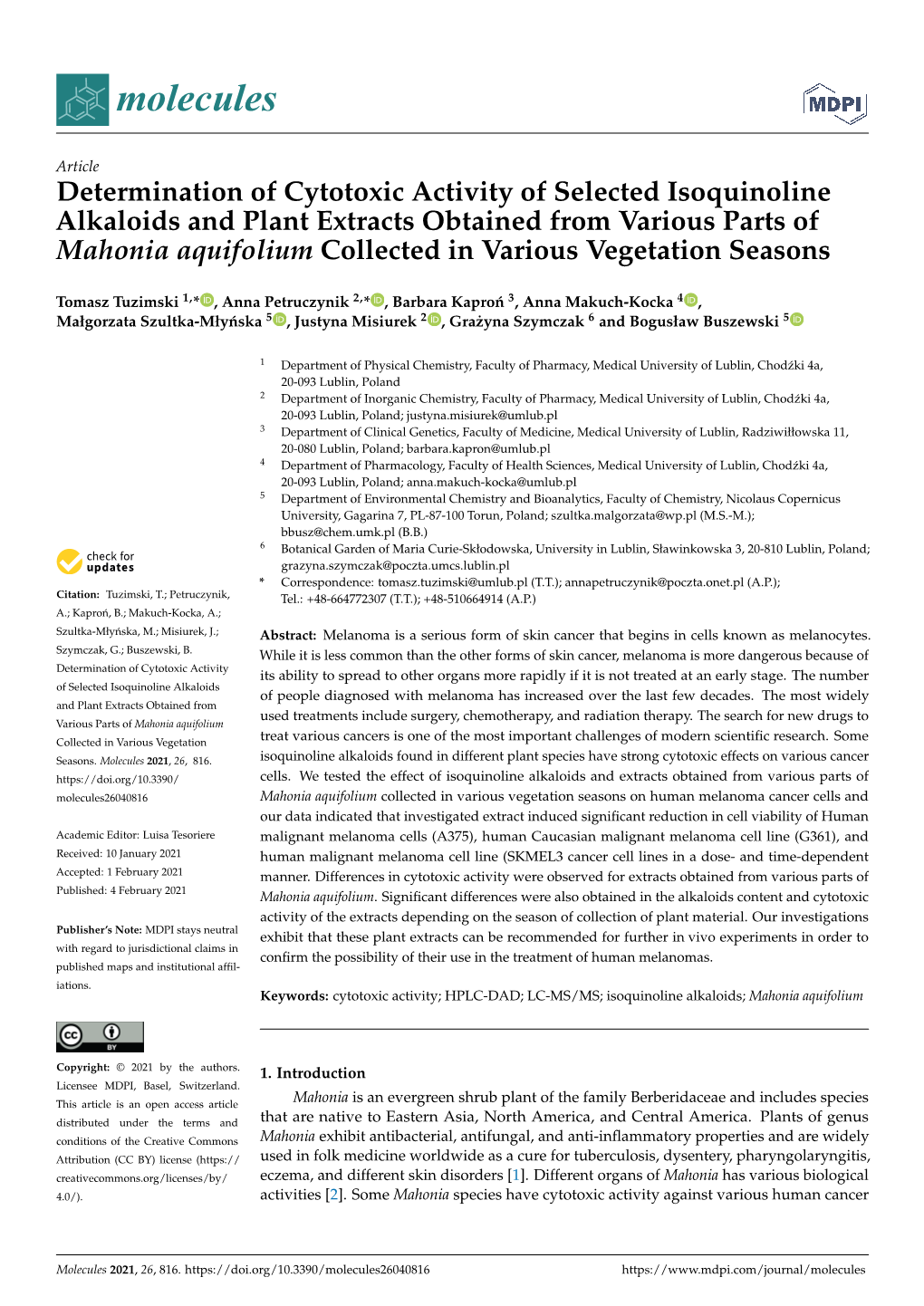 Determination of Cytotoxic Activity of Selected Isoquinoline Alkaloids And