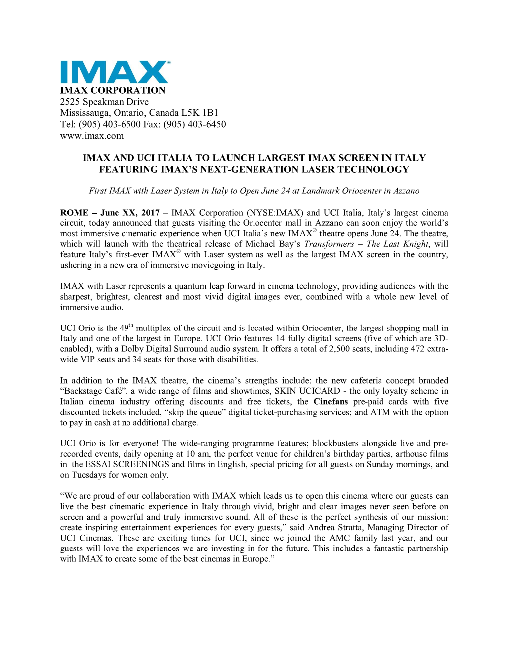 Imax and Uci Italia to Launch Largest Imax Screen in Italy Featuring Imax’S Next-Generation Laser Technology
