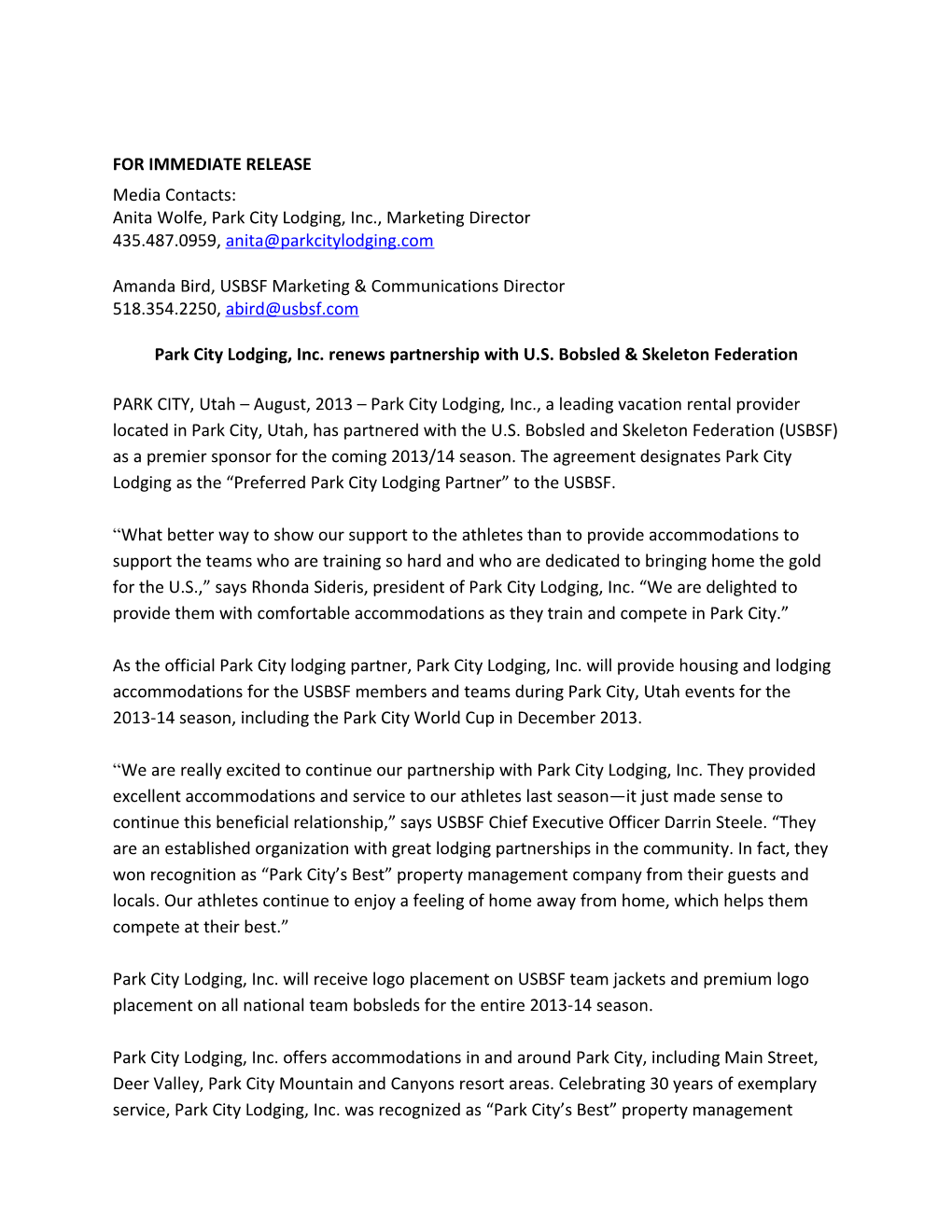 Park City Lodging, Inc. Renews Partnership with U.S. Bobsled & Skeleton Federation