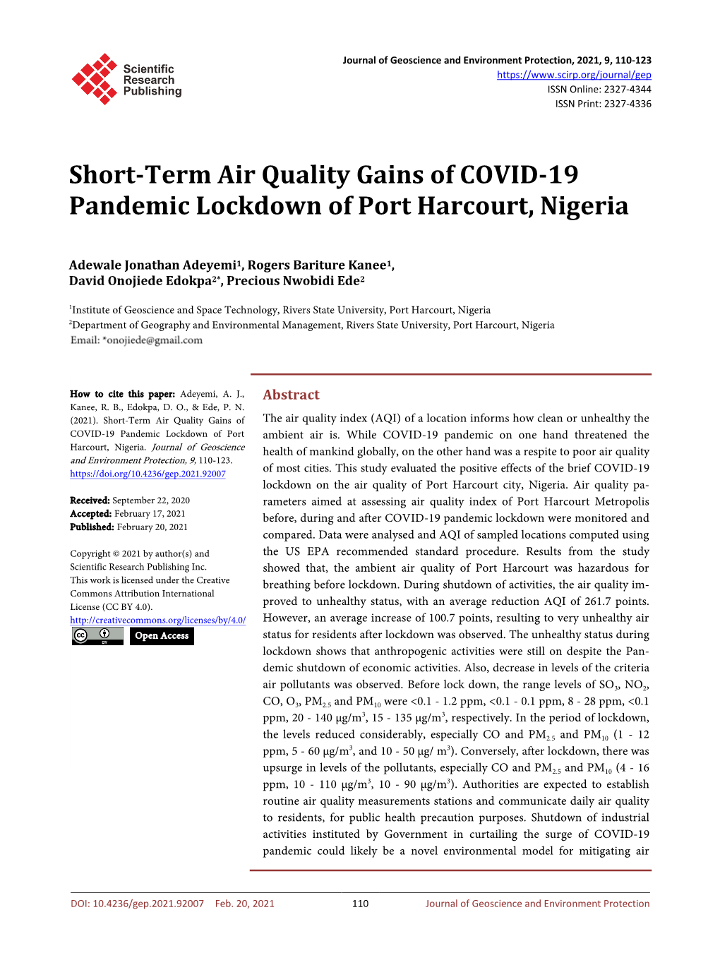 Short-Term Air Quality Gains of COVID-19 Pandemic Lockdown of Port Harcourt, Nigeria