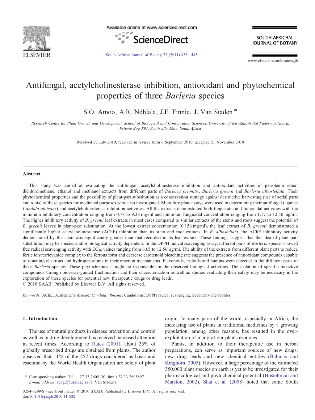 Antifungal, Acetylcholinesterase Inhibition, Antioxidant and Phytochemical Properties of Three Barleria Species ⁎ S.O