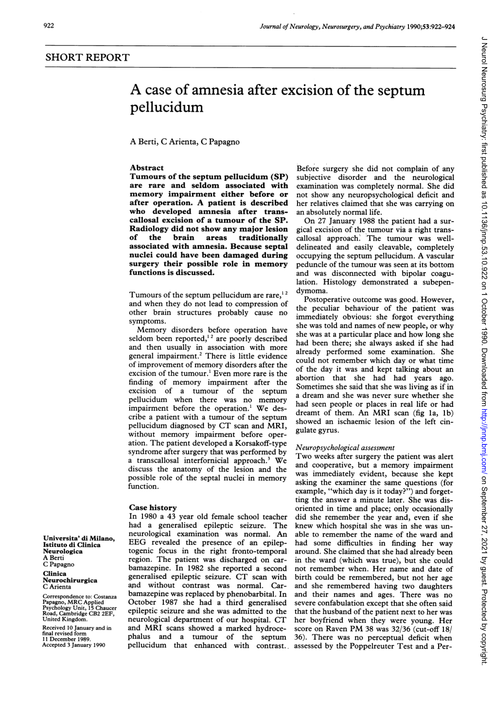 A Case of Amnesia After Excision of the Septum Pellucidum