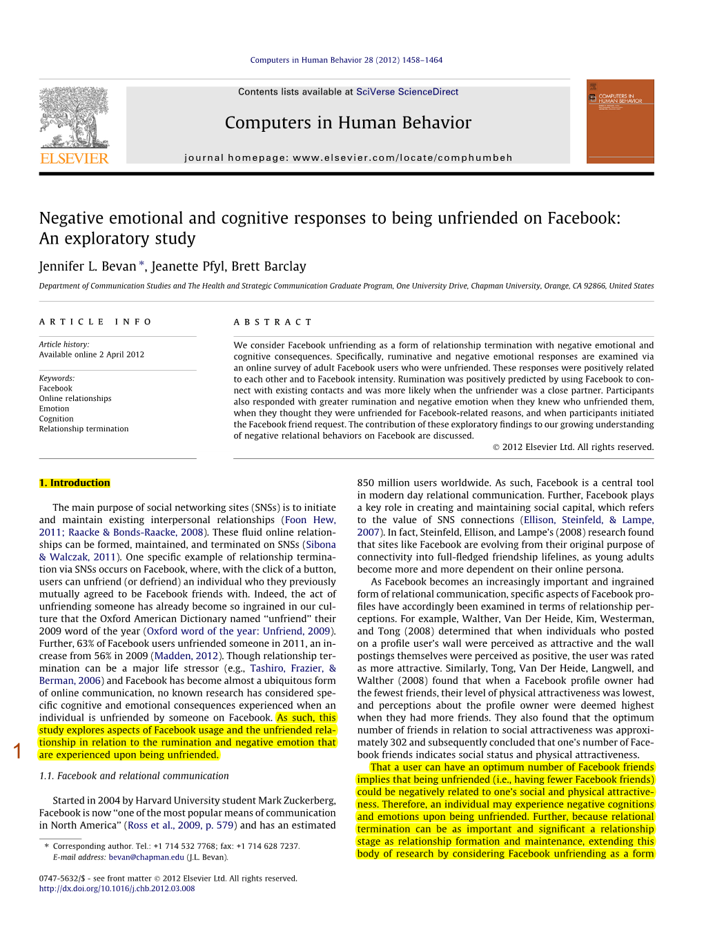 Negative Emotional and Cognitive Responses to Being Unfriended on Facebook: an Exploratory Study ⇑ Jennifer L