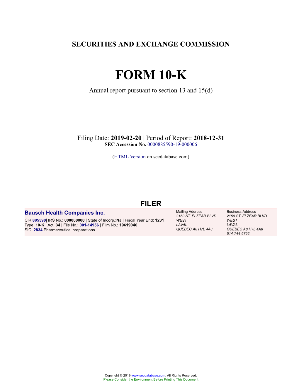 Bausch Health Companies Inc. Form 10-K Annual Report Filed 2019-02-20