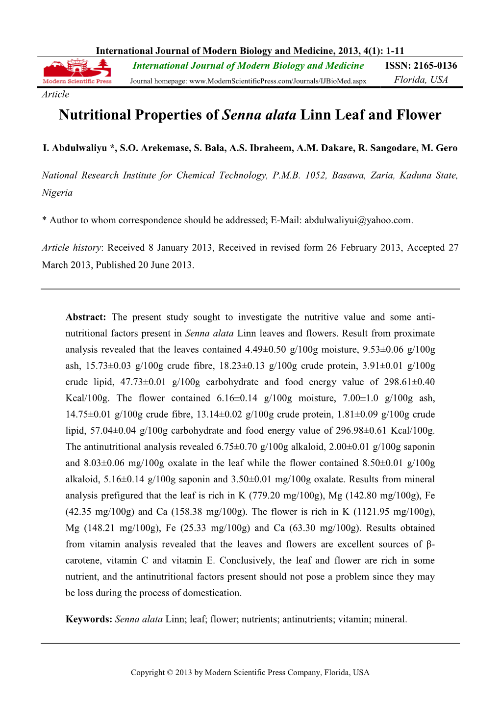 Nutritional Properties of Senna Alata Linn Leaf and Flower