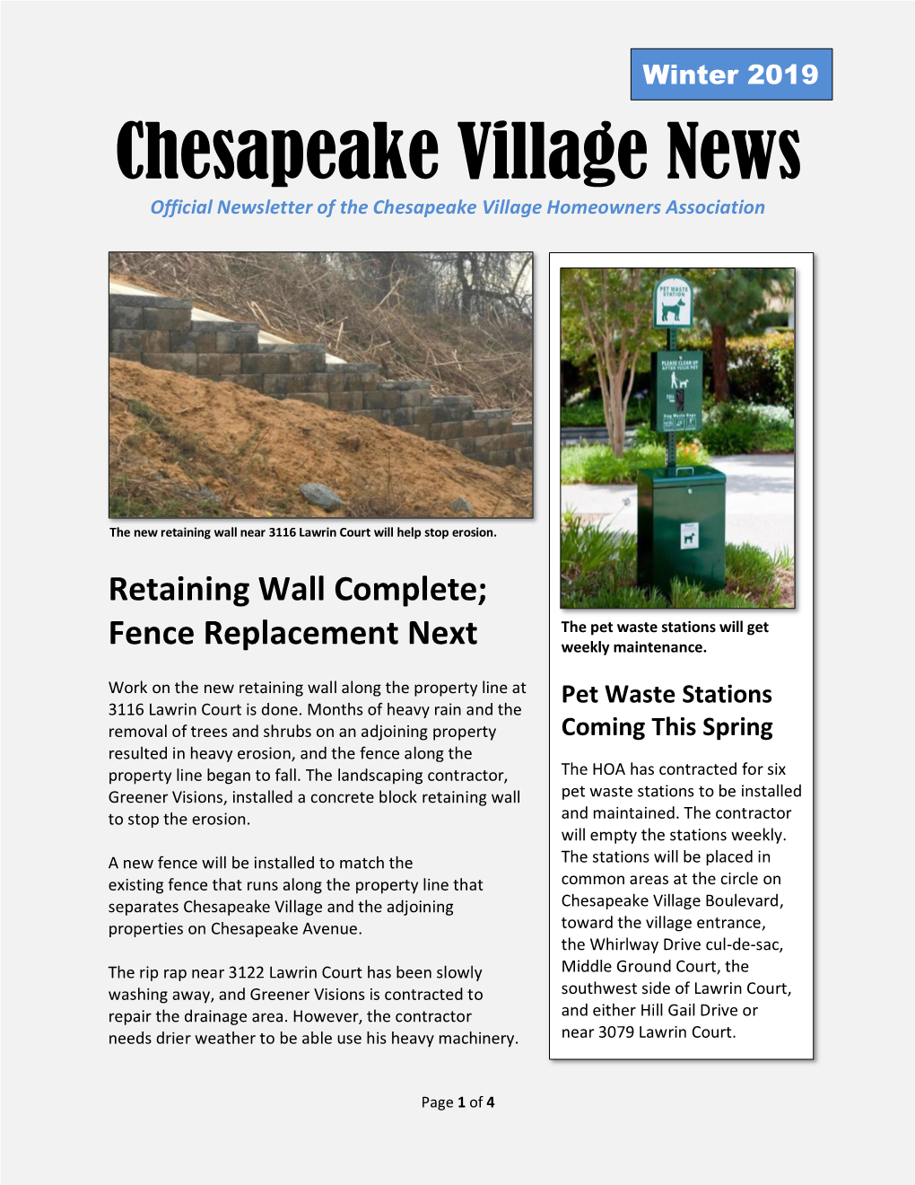 Chesapeake Village News Official Newsletter of the Chesapeake Village Homeowners Association