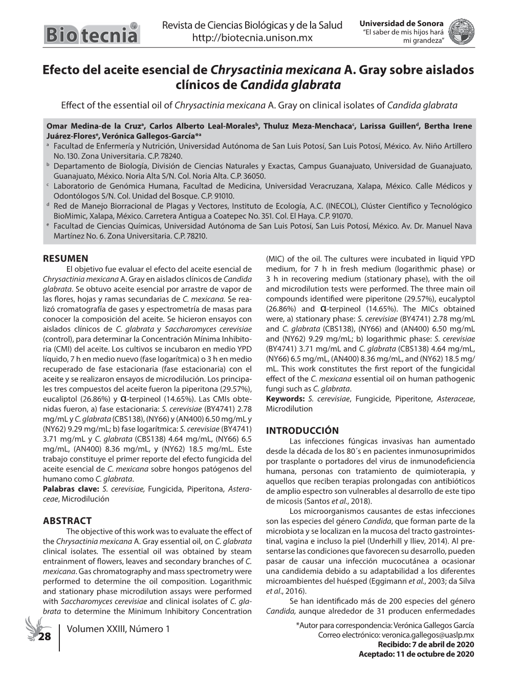 Efecto Del Aceite Esencial De Chrysactinia Mexicana A. Gray Sobre Aislados Clínicos De Candida Glabrata Effect of the Essential Oil of Chrysactinia Mexicana A