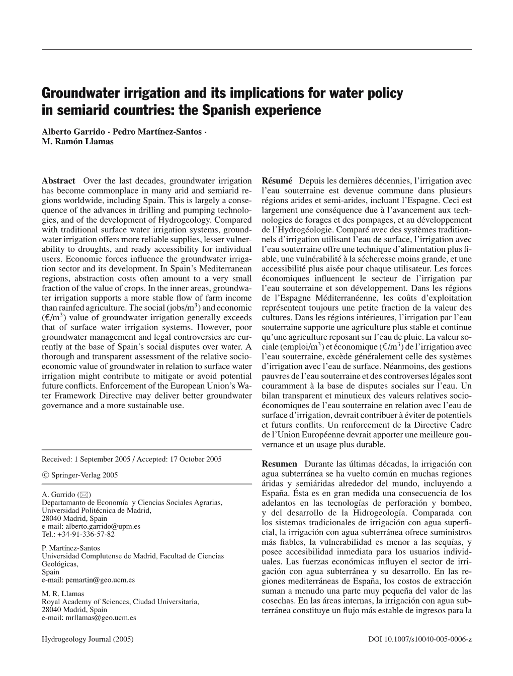 Groundwater Irrigation and Its Implications for Water Policy in Semiarid Countries: the Spanish Experience