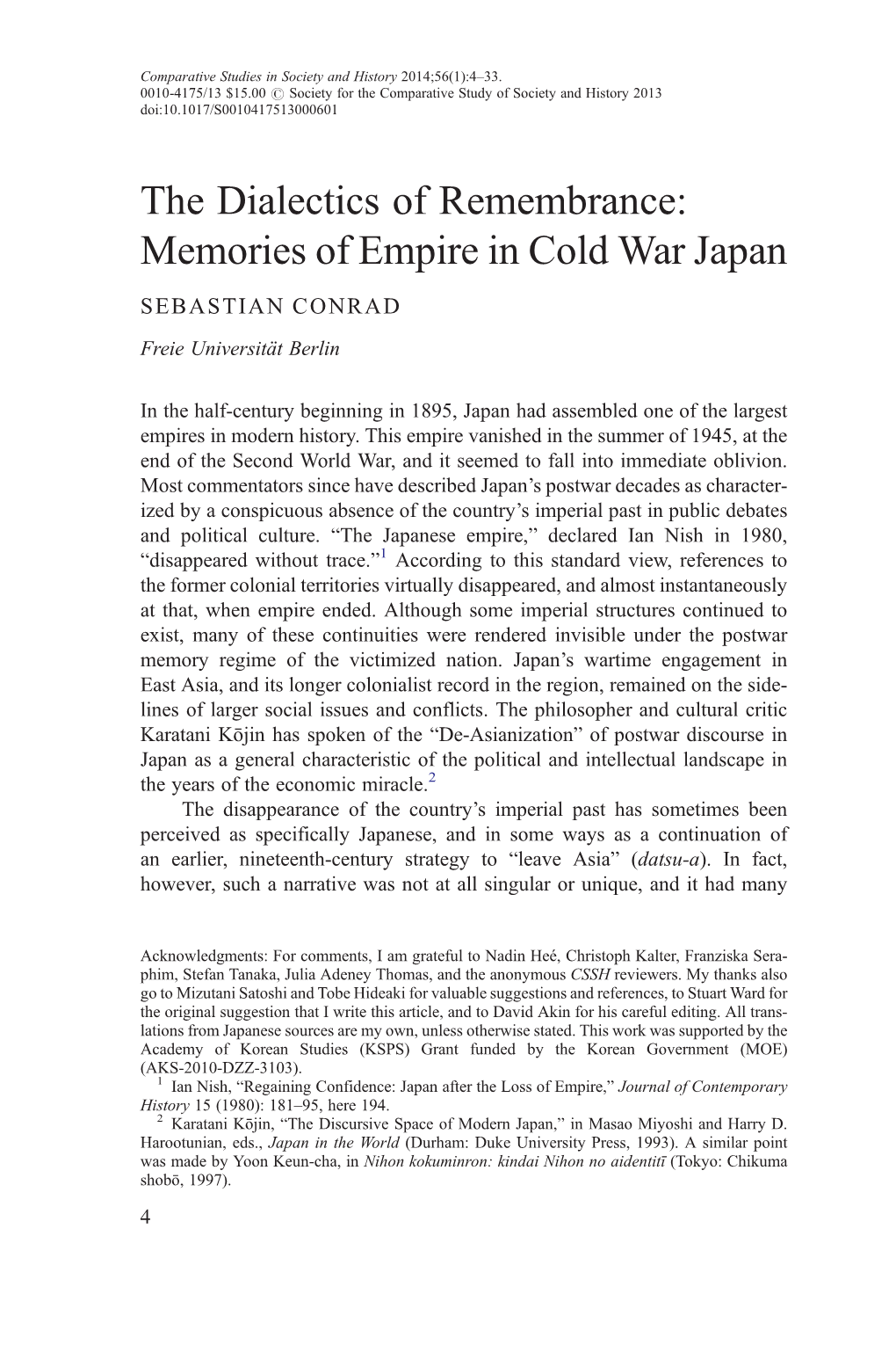 Memories of Empire in Cold War Japan