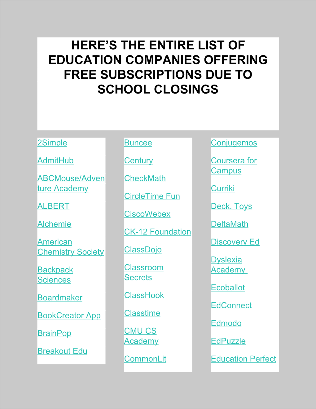 Here's the Entire List of Education Companies