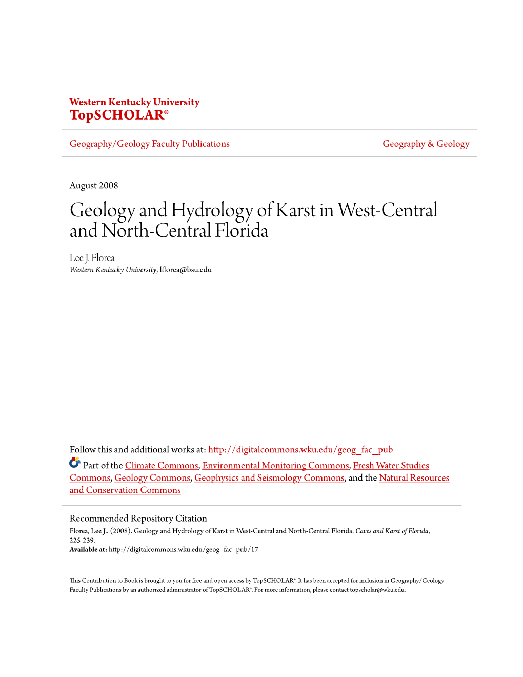 Geology and Hydrology of Karst in West-Central and North-Central Florida Lee J