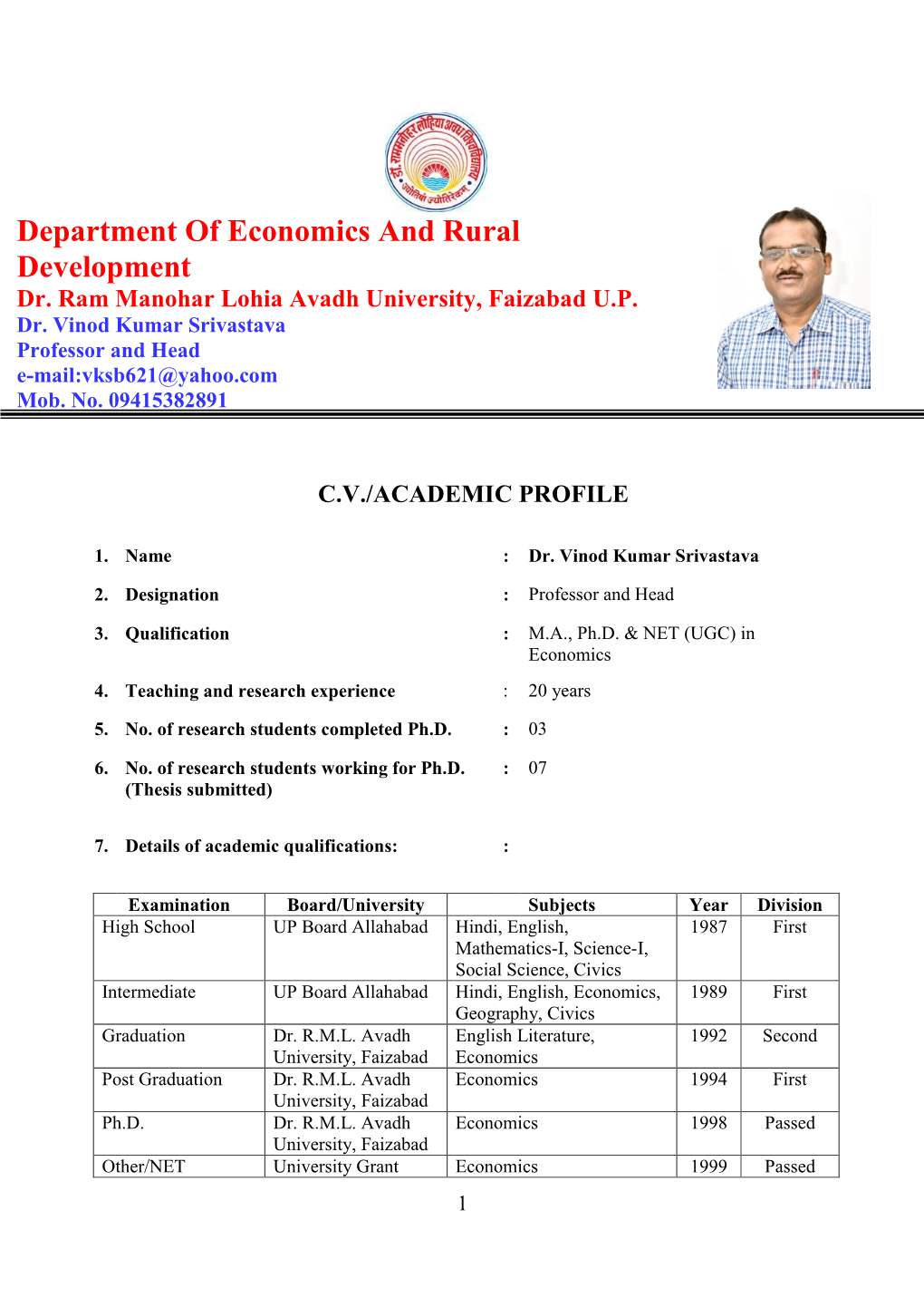 Department of Economics and Rural Development Dr. Ram Manohar Lohia Avadh University, Faizabad UP