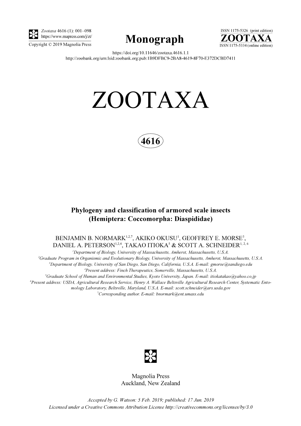 Phylogeny and Classification of Armored Scale Insects (Hemiptera: Coccomorpha: Diaspididae)