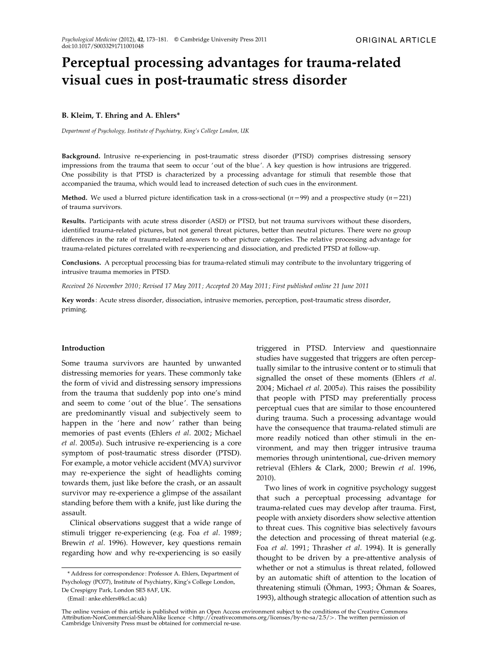 Perceptual Processing Advantages for Trauma-Related Visual Cues in Post-Traumatic Stress Disorder