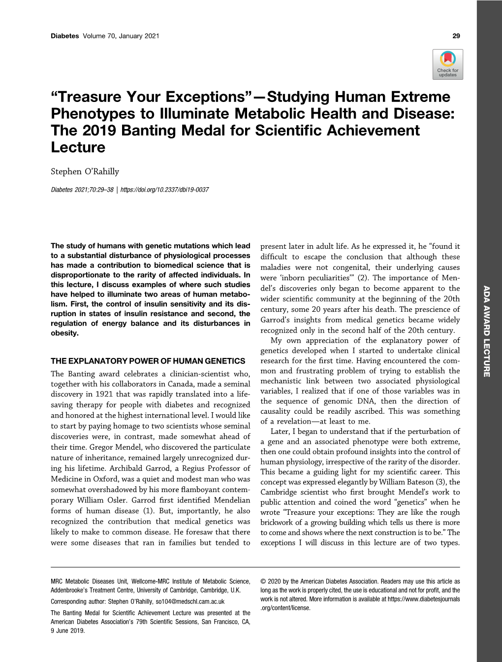 Studying Human Extreme Phenotypes to Illuminate Metabolic Health and Disease: the 2019 Banting Medal for Scientiﬁc Achievement Lecture