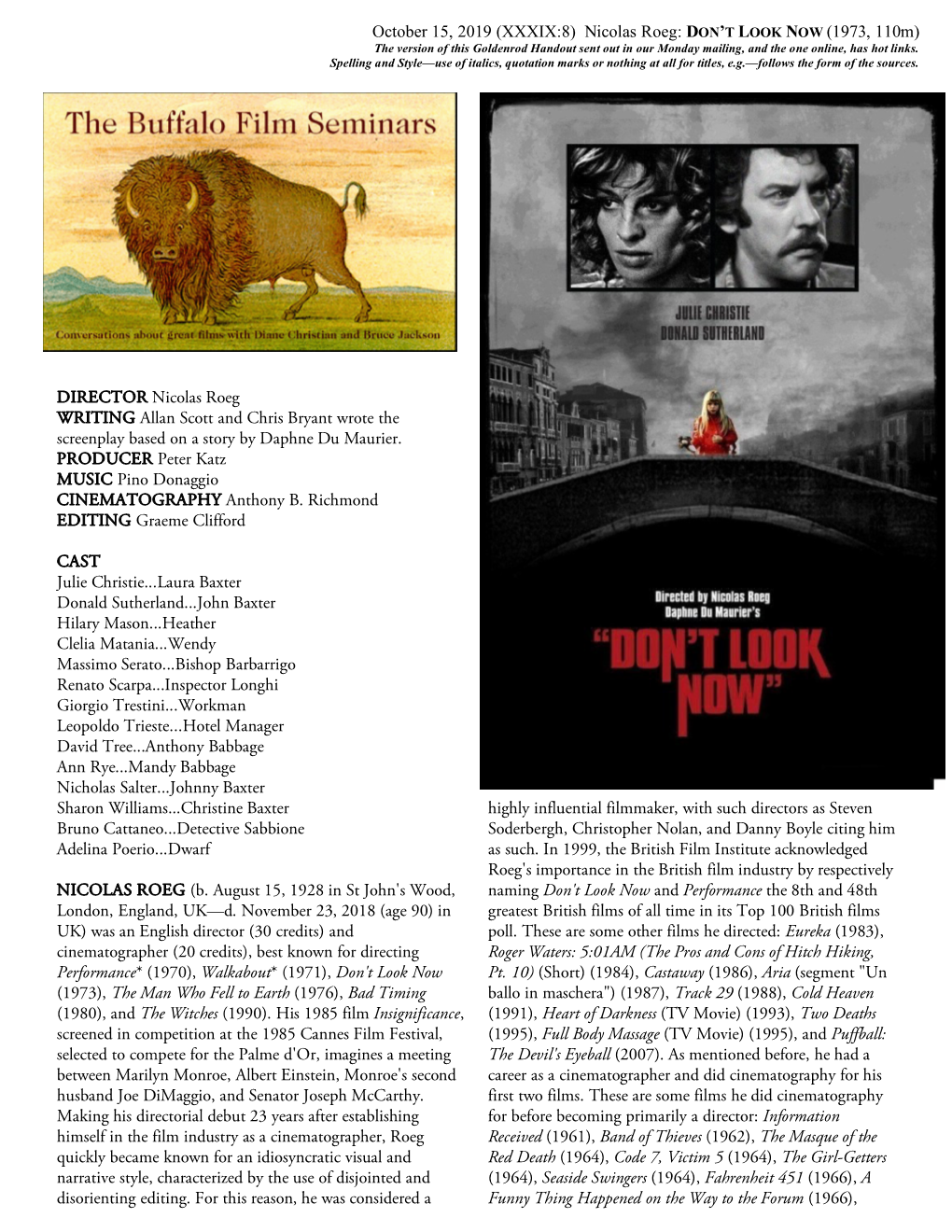 Nicolas Roeg: DON’T LOOK NOW (1973, 110M) the Version of This Goldenrod Handout Sent out in Our Monday Mailing, and the One Online, Has Hot Links