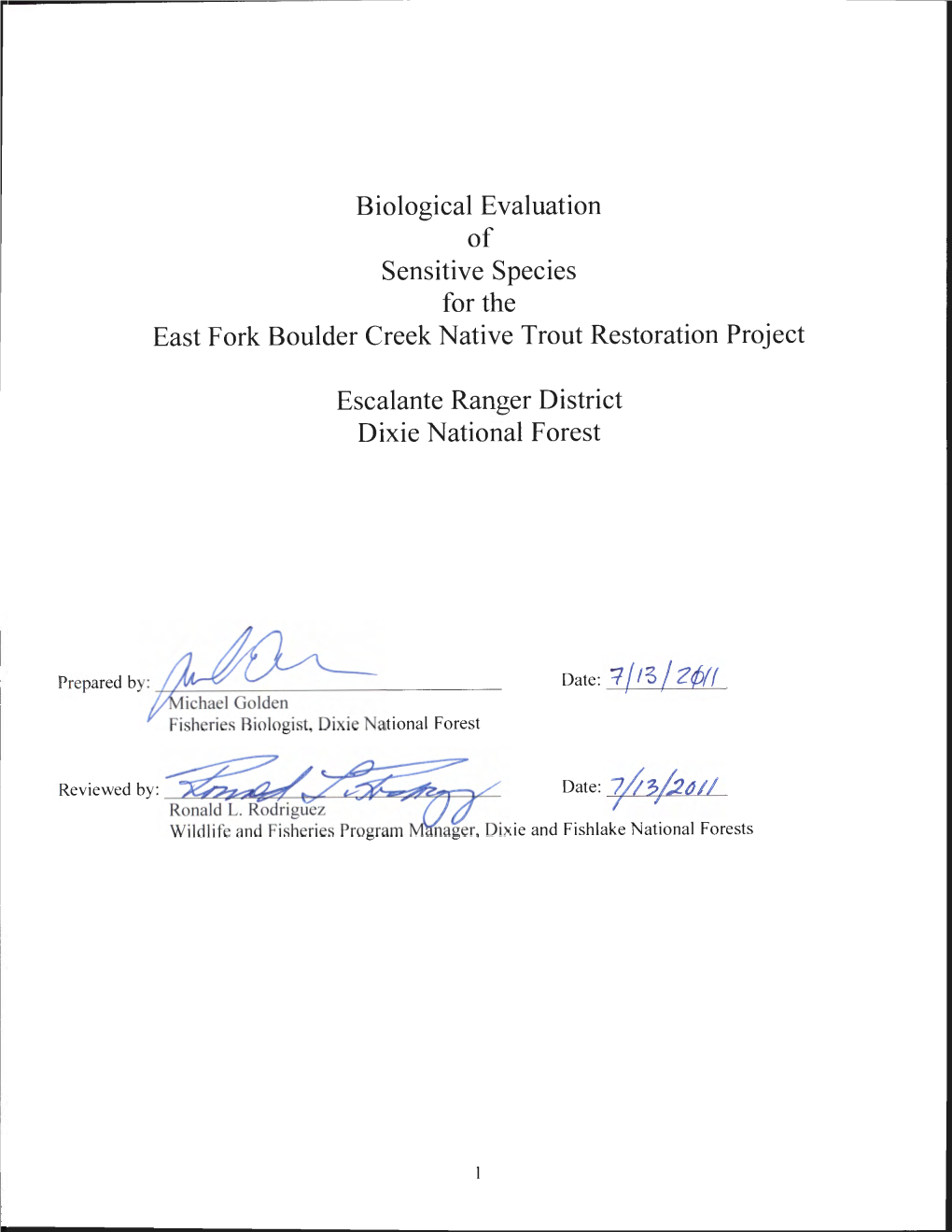 Biological Evaluation of Sensitive Species for the East Fork Boulder Creek Native Trout Restoration Project