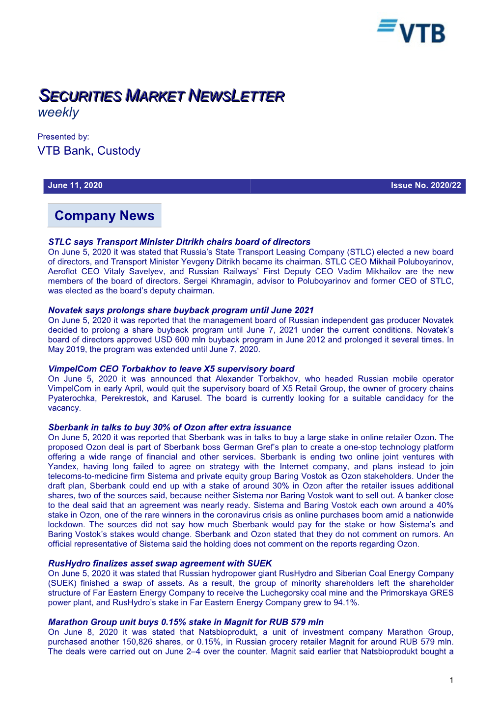 Company News SECURITIES MARKET NEWS LETTER Weekly