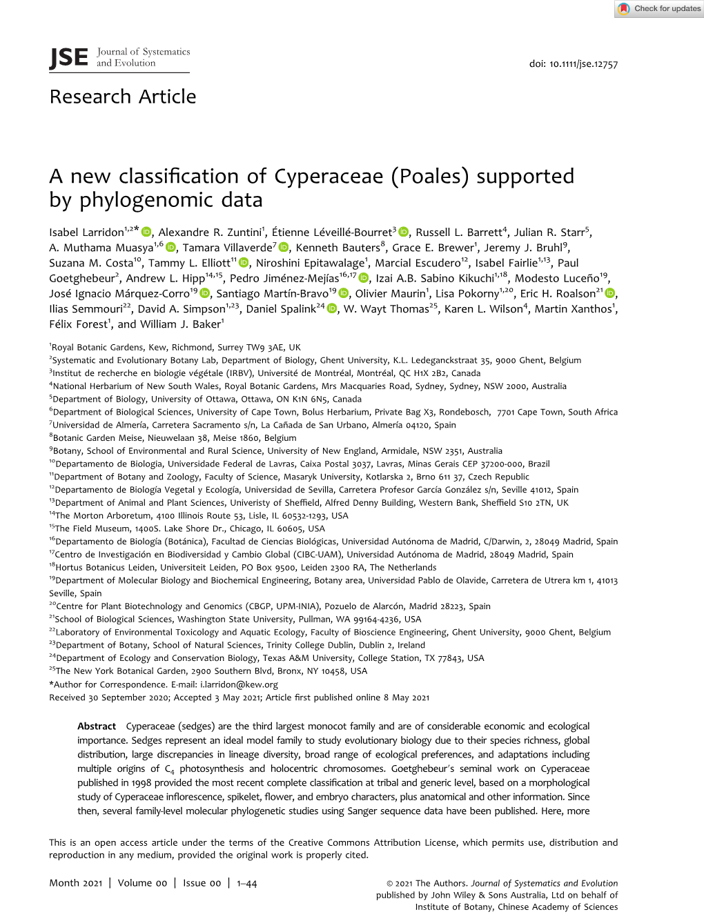 A New Classification of Cyperaceae (Poales)