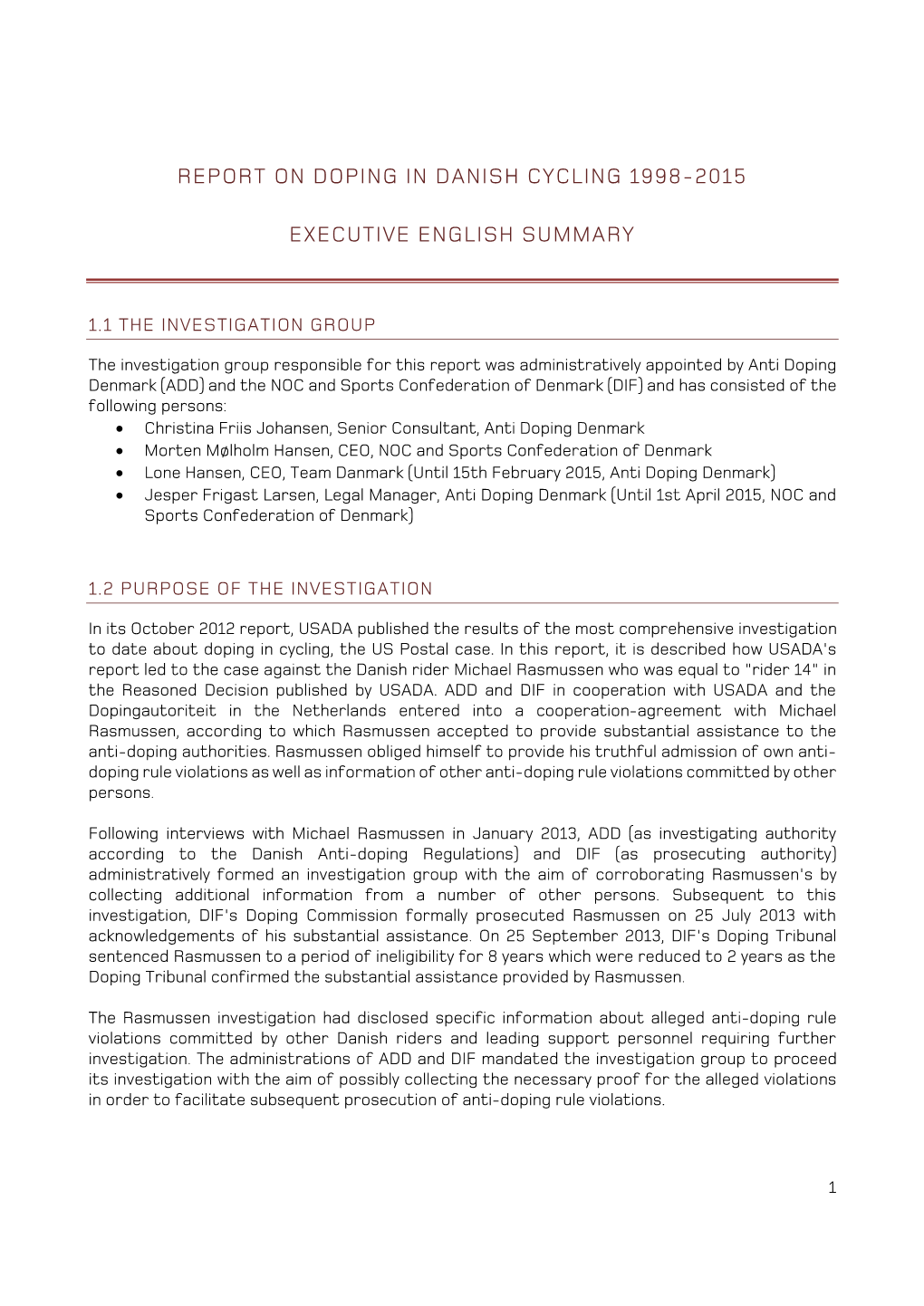 Report on Doping in Danish Cycling 1998-2015