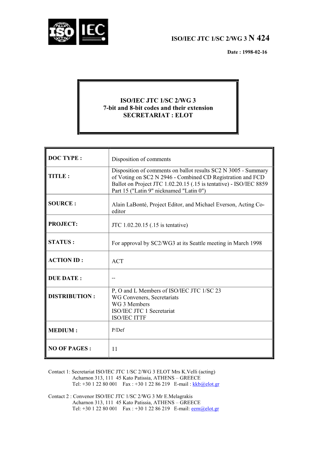 Iso/Iec Jtc 1/Sc 2/Wg 3 N 424 Iso/Iec Jtc 1/Sc 2