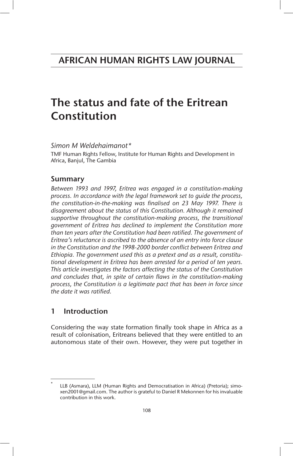 The Status and Fate of the Eritrean Constitution
