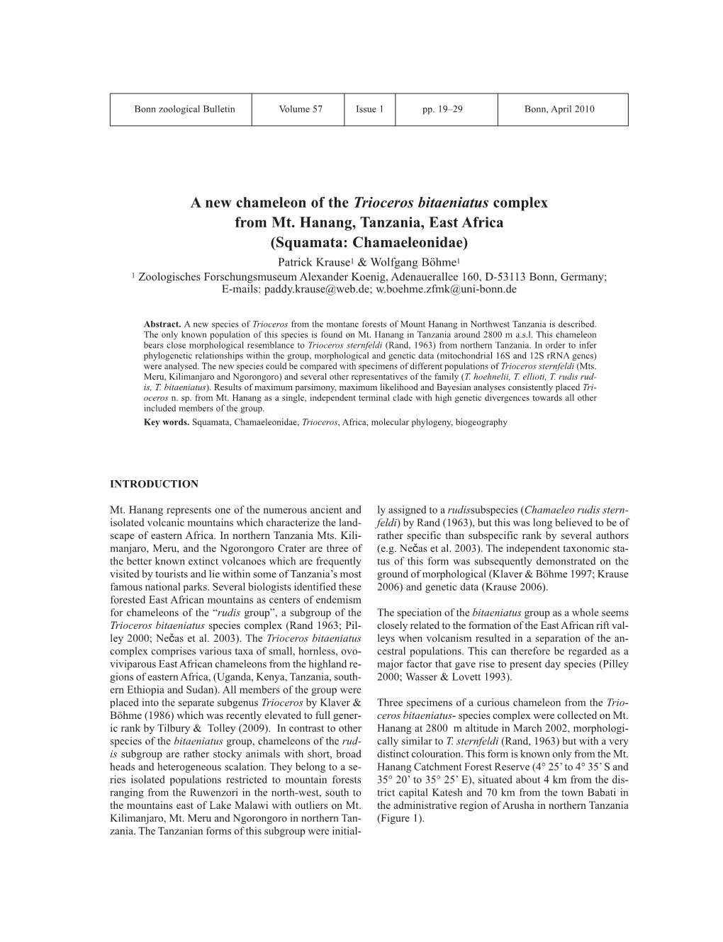 A New Chameleon of the Trioceros Bitaeniatus Complex from Mt. Hanang, Tanzania, East Africa