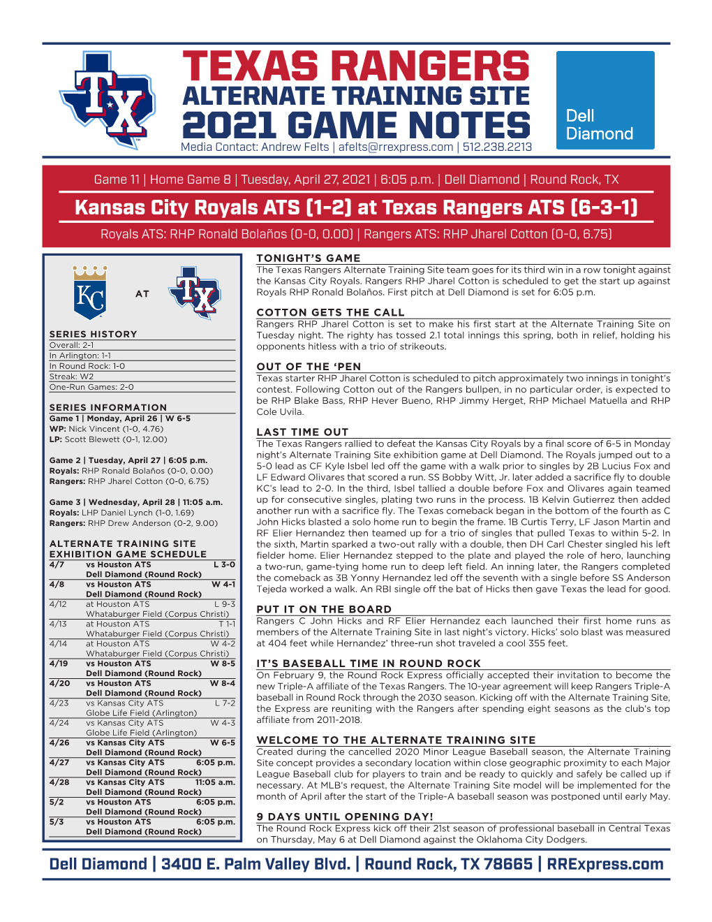 TEXAS RANGERS ALTERNATE TRAINING SITE 2021 GAME NOTES Media Contact: Andrew Felts | Afelts@Rrexpress.Com | 512.238.2213