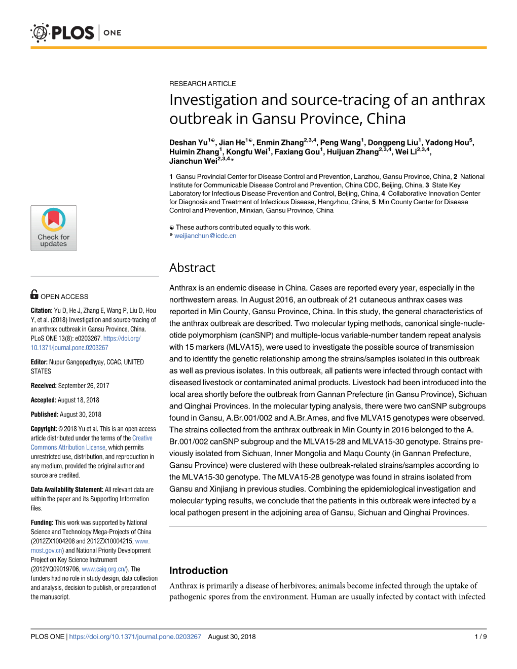 Investigation and Source-Tracing of an Anthrax Outbreak in Gansu Province, China