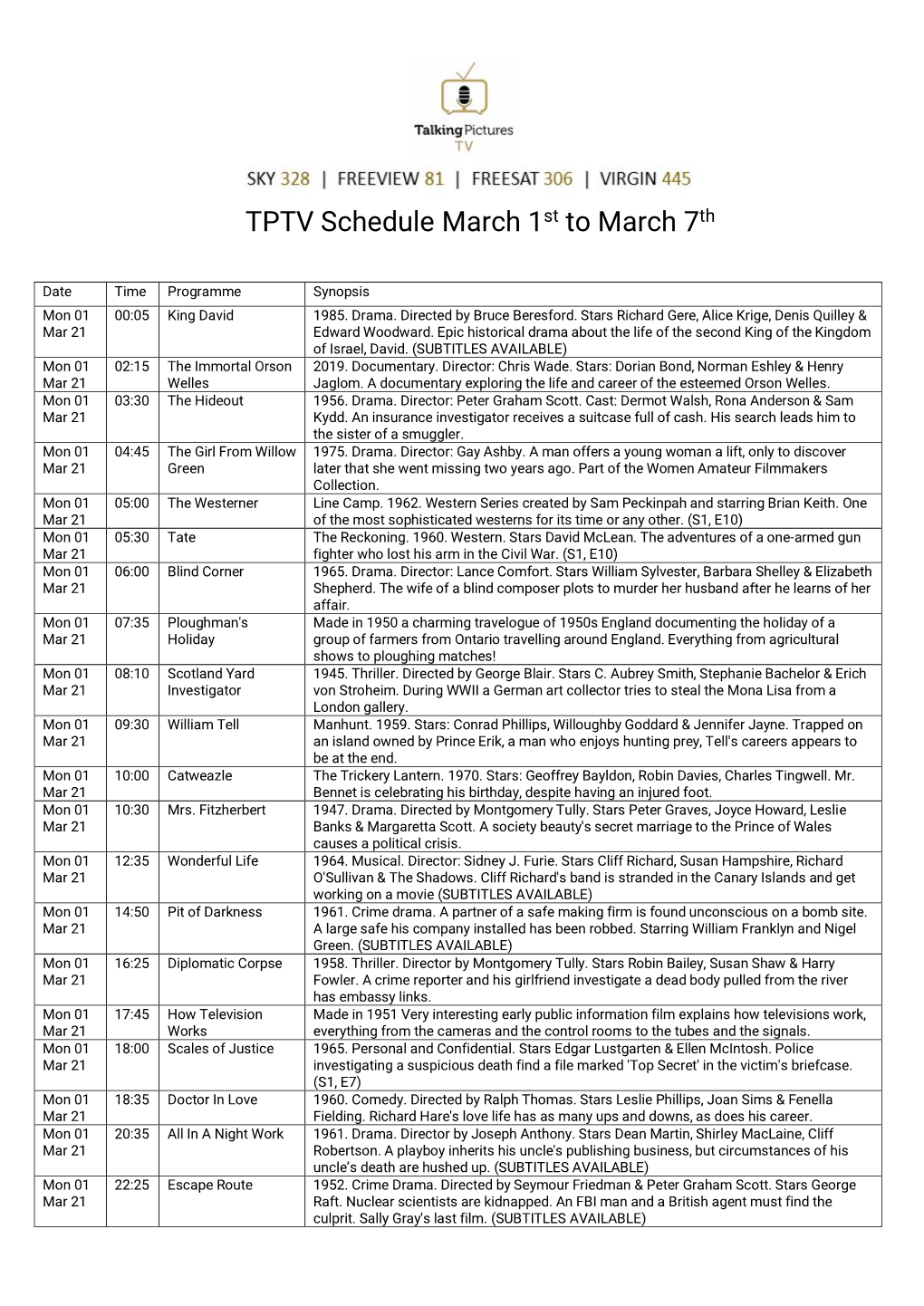 TPTV Schedule March 1St to March 7Th