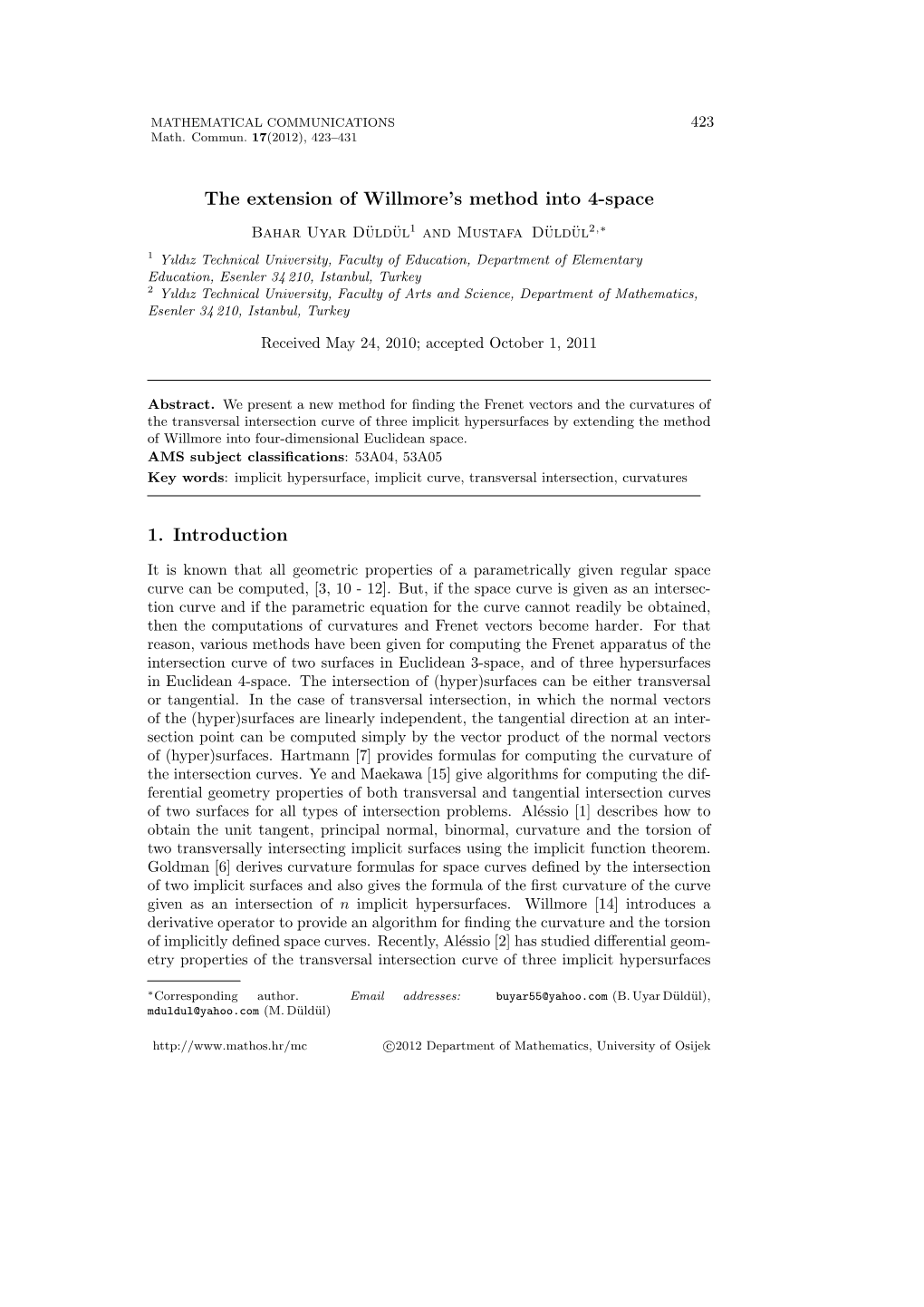 The Extension of Willmore's Method Into 4-Space 1. Introduction