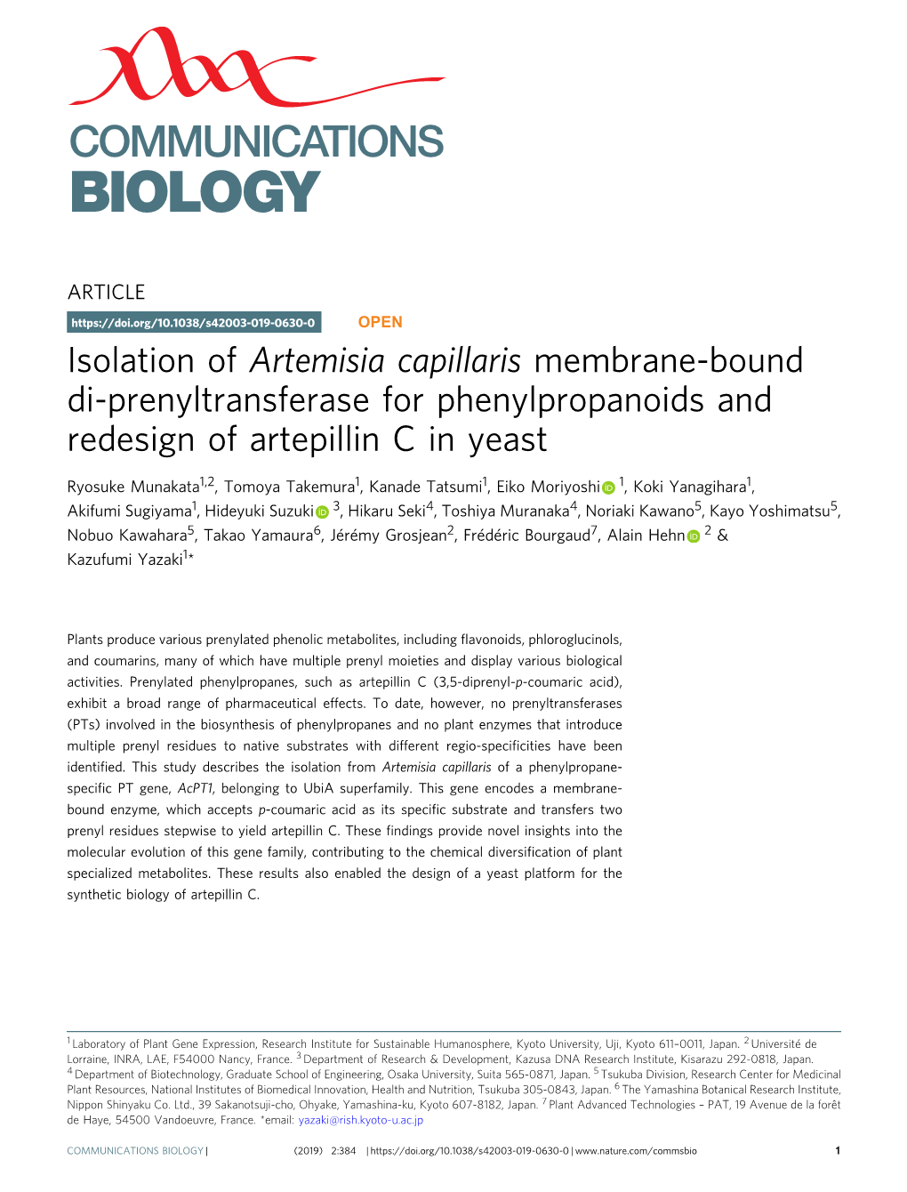 Isolation of Artemisia Capillaris Membrane-Bound Di-Prenyltransferase for Phenylpropanoids and Redesign of Artepillin C in Yeast
