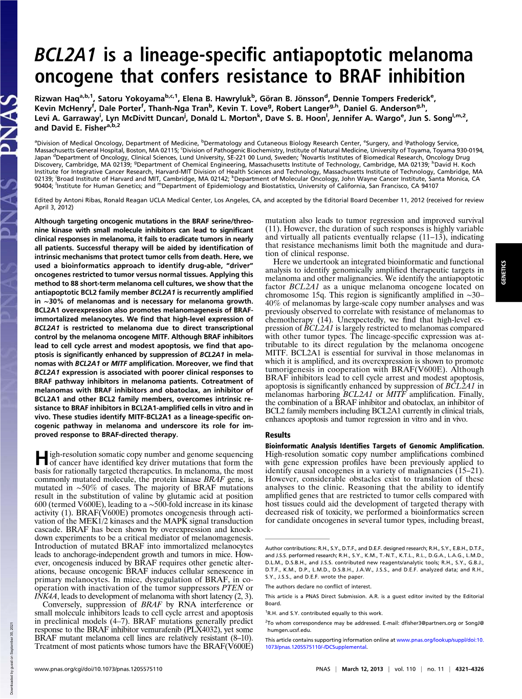 BCL2A1 Is a Lineage-Speci Fic Antiapoptotic Melanoma Oncogene