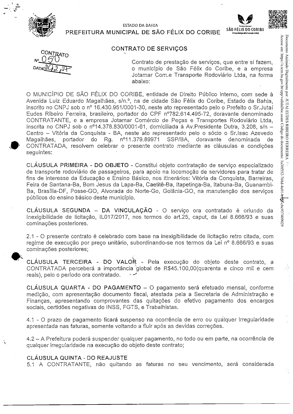 Prefeitura Municipal De São Félix Do Coribe Contrato De