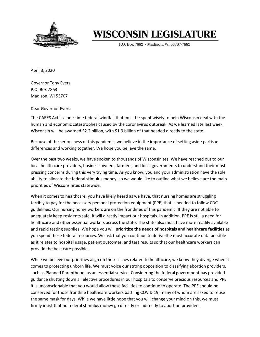 April 3, 2020 Governor Tony Evers PO Box 7863 Madison, WI 53707 Dear