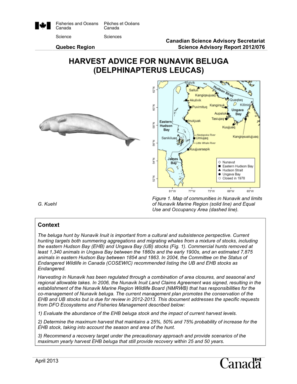 Harvest Advice for Nunavik Beluga (Delphinapterus Leucas)