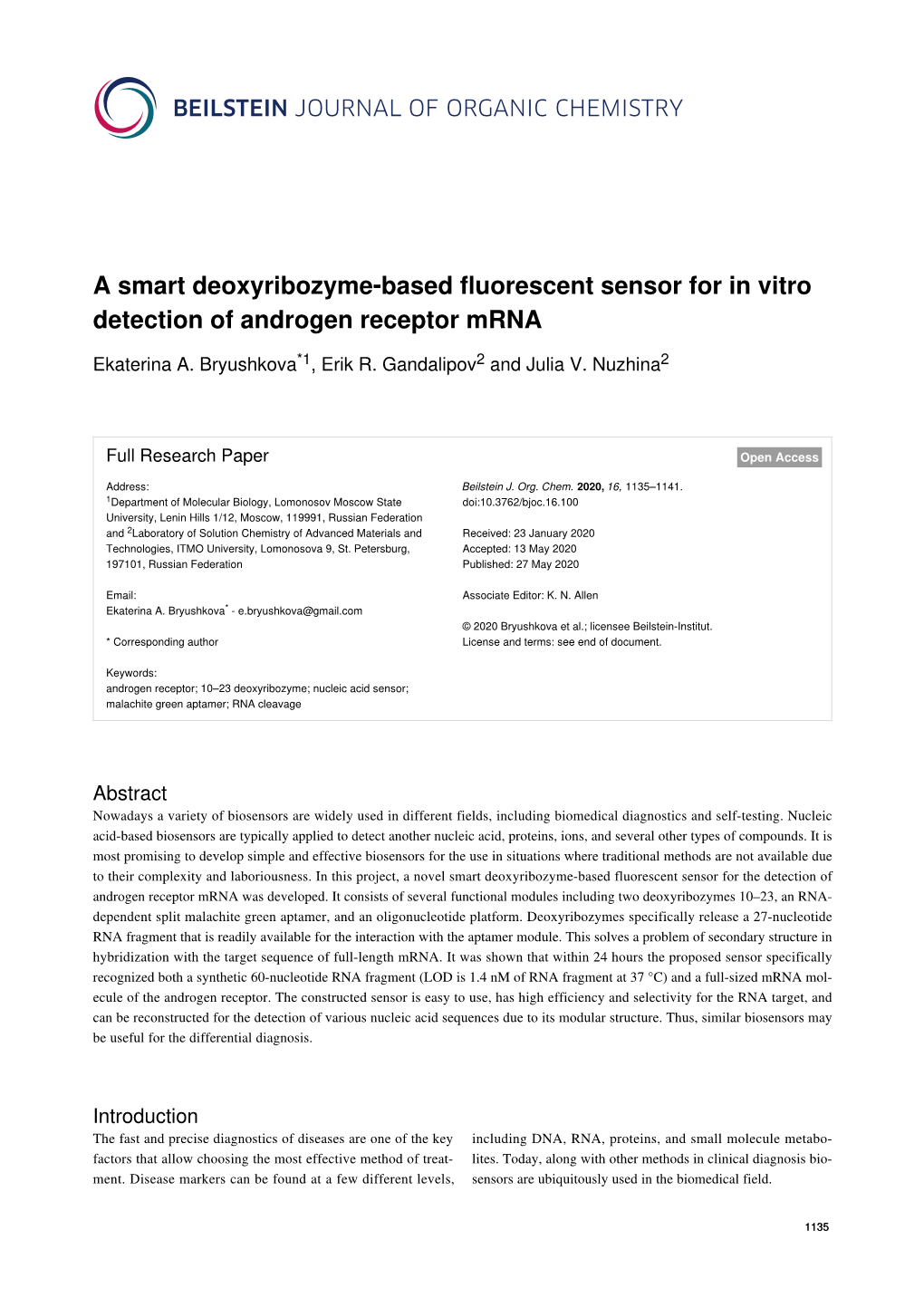 A Smart Deoxyribozyme-Based Fluorescent Sensor for in Vitro Detection of Androgen Receptor Mrna