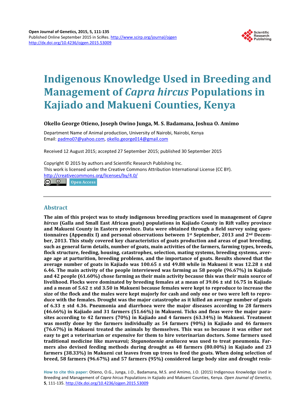 Indigenous Knowledge Used in Breeding and Management of Capra Hircus Populations in Kajiado and Makueni Counties, Kenya