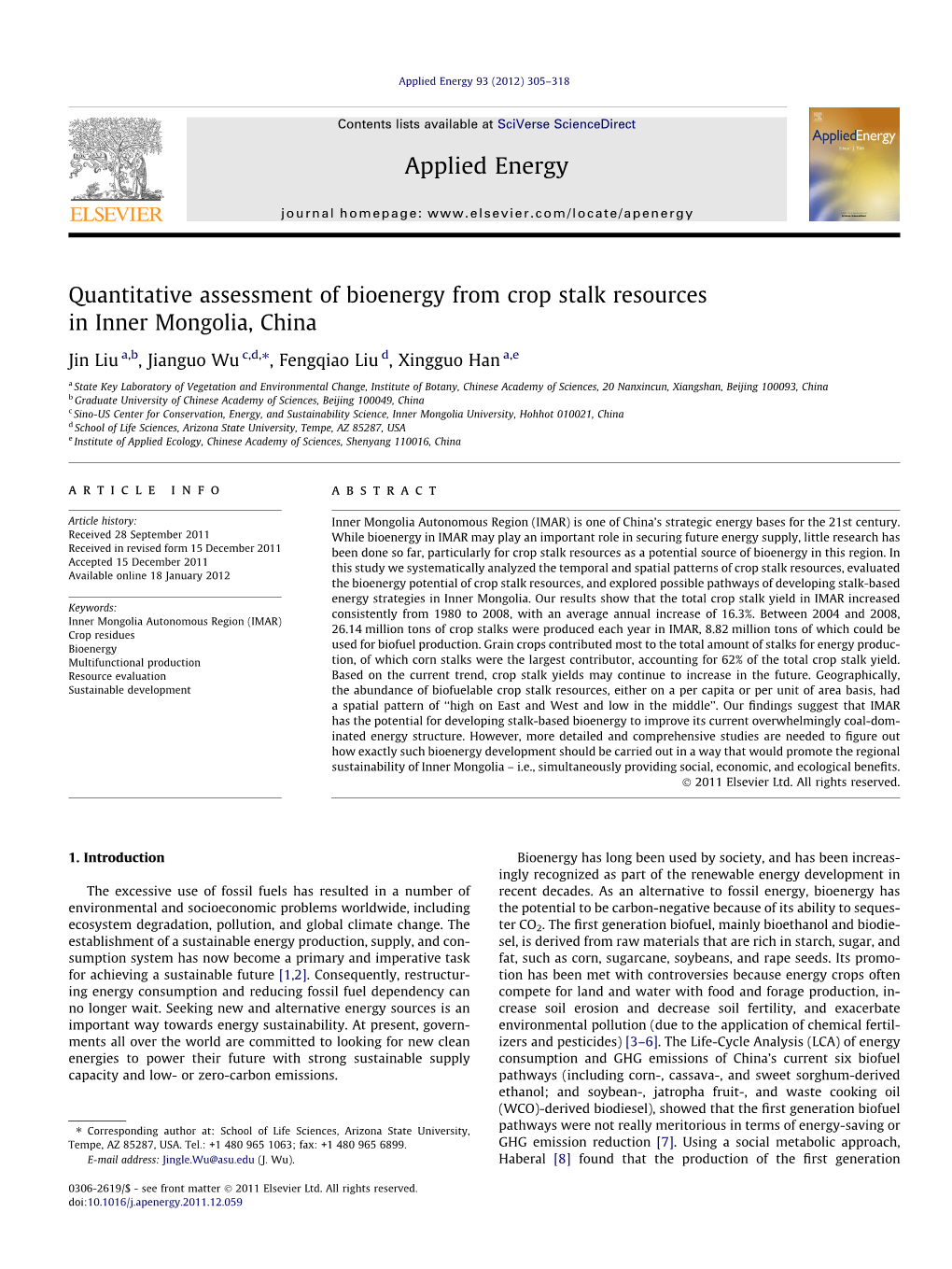 Quantitative Assessment of Bioenergy from Crop Stalk Resources in Inner