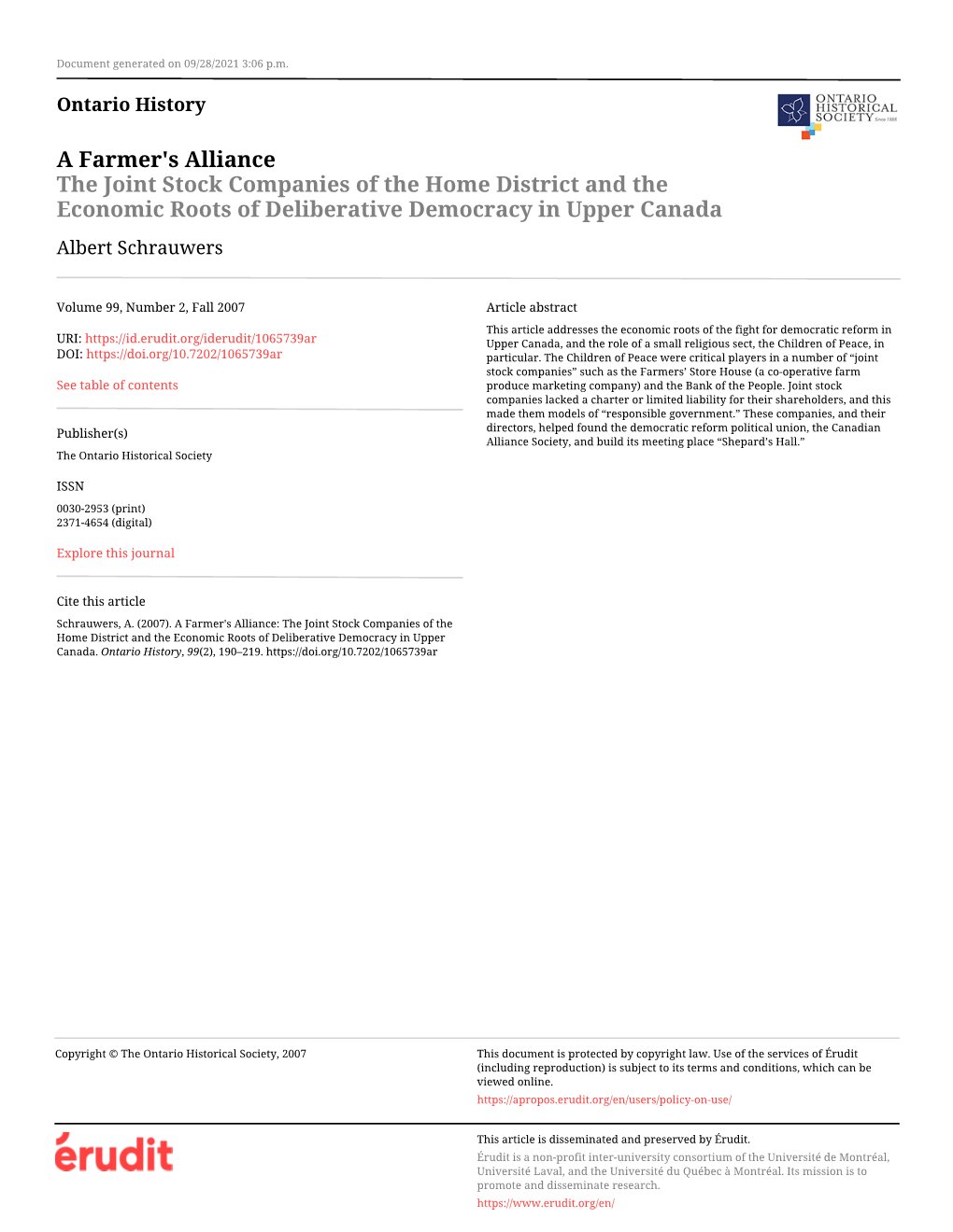 The Joint Stock Companies of the Home District and the Economic Roots of Deliberative Democracy in Upper Canada Albert Schrauwers