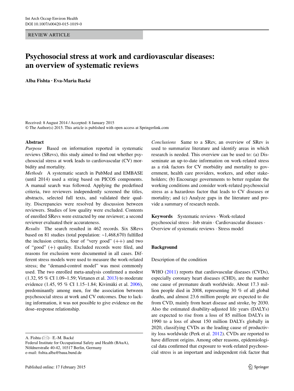 Psychosocial Stress at Work and Cardiovascular Diseases: an Overview of Systematic Reviews