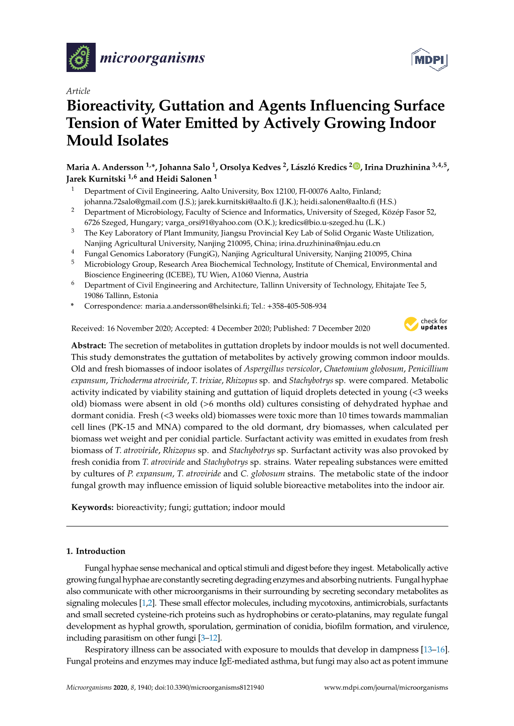 Bioreactivity, Guttation and Agents Influencing Surface Tension of Water Emitted by Actively Growing Indoor Mould Isolates