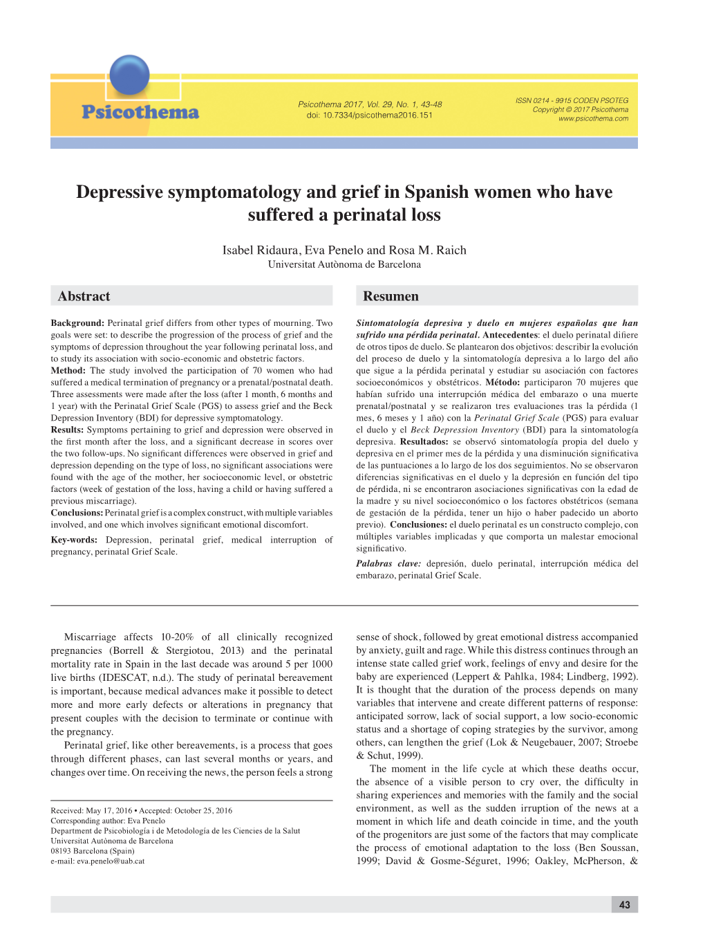 Depressive Symptomatology and Grief in Spanish Women Who Have Suffered a Perinatal Loss