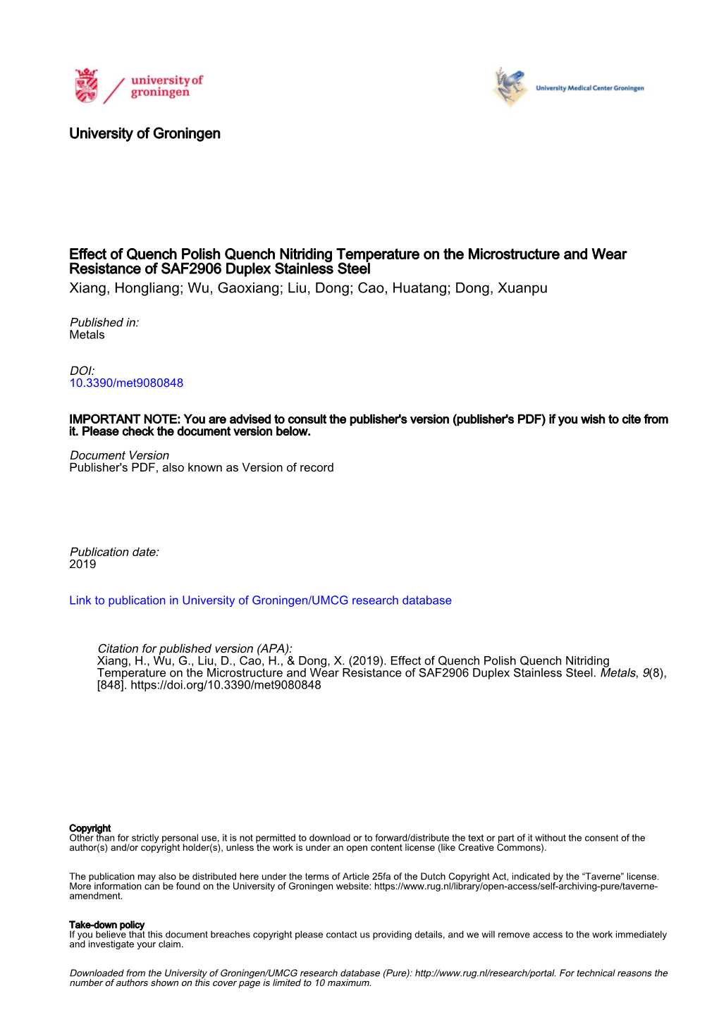 University of Groningen Effect of Quench Polish Quench Nitriding