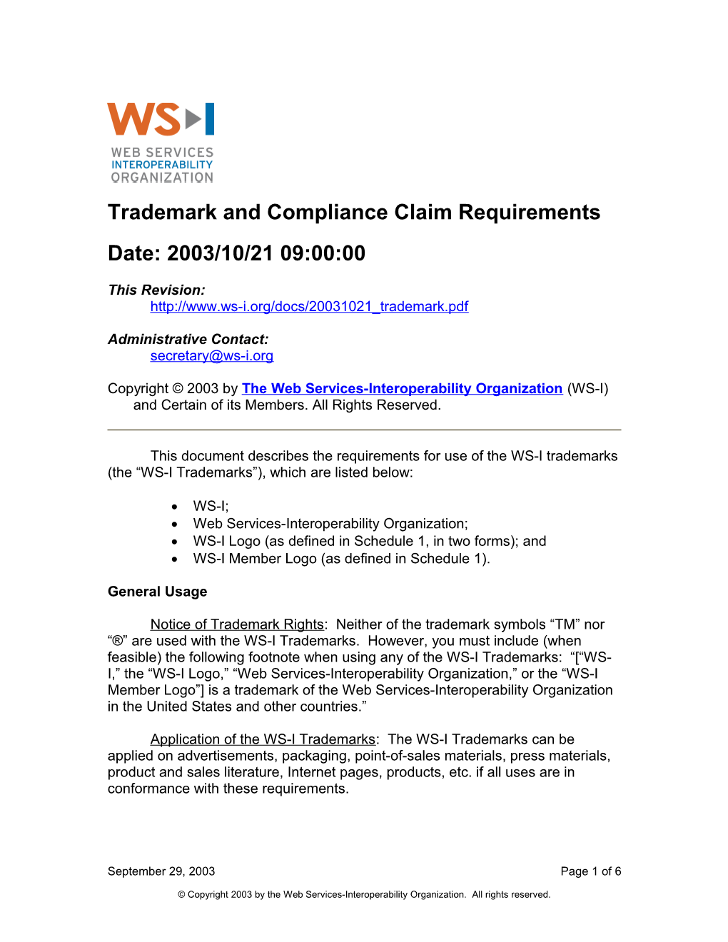 WS-I Trademark and Compliance Claim Requirements