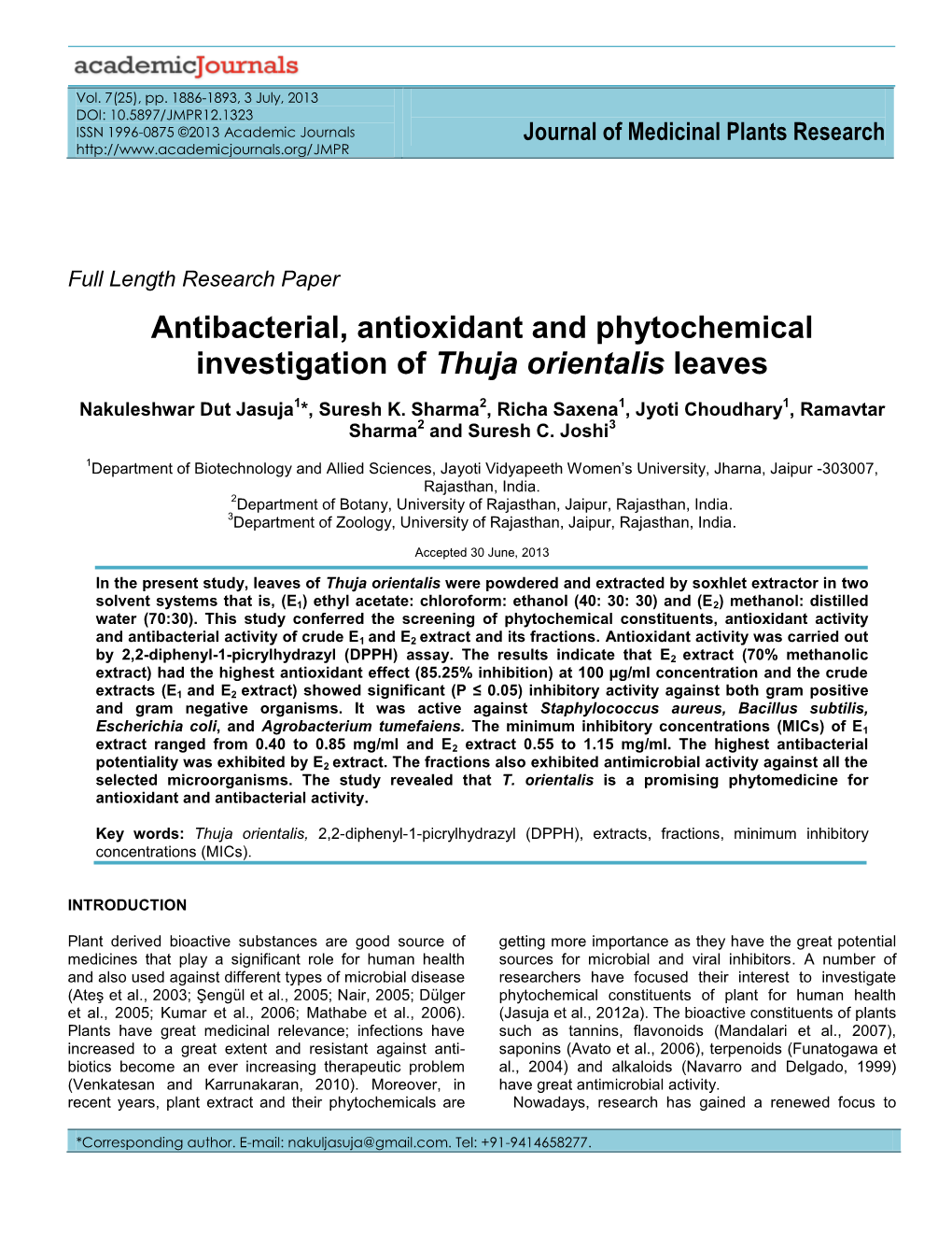 Antibacterial, Antioxidant and Phytochemical Investigation of Thuja Orientalis Leaves