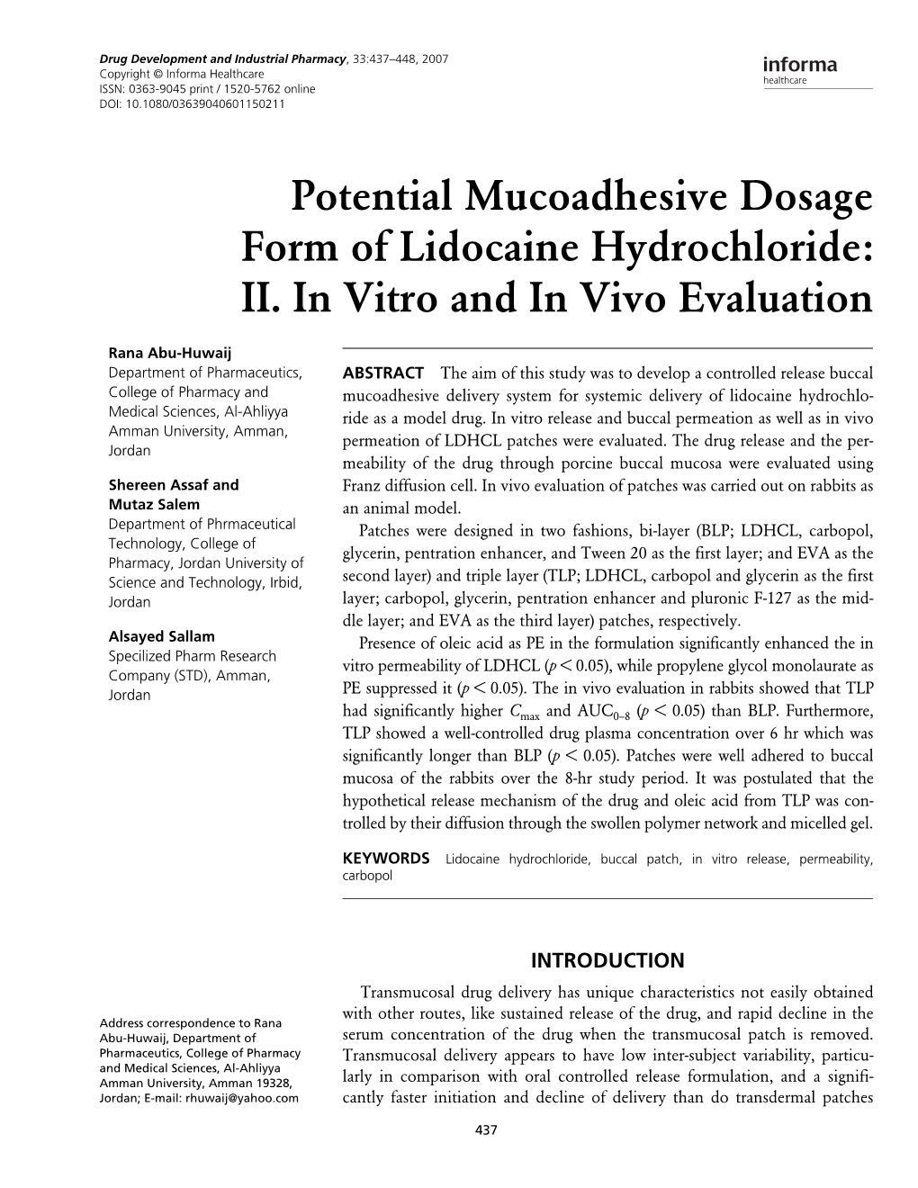 Potential Mucoadhesive Dosage Form of Lidocaine Hydrochloride: II