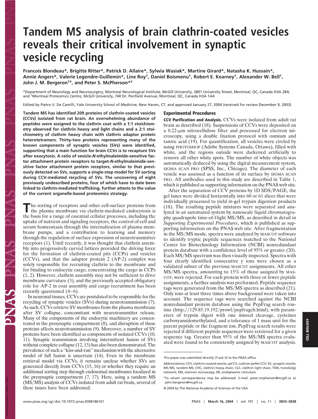 Tandem MS Analysis of Brain Clathrin-Coated Vesicles Reveals Their Critical Involvement in Synaptic Vesicle Recycling
