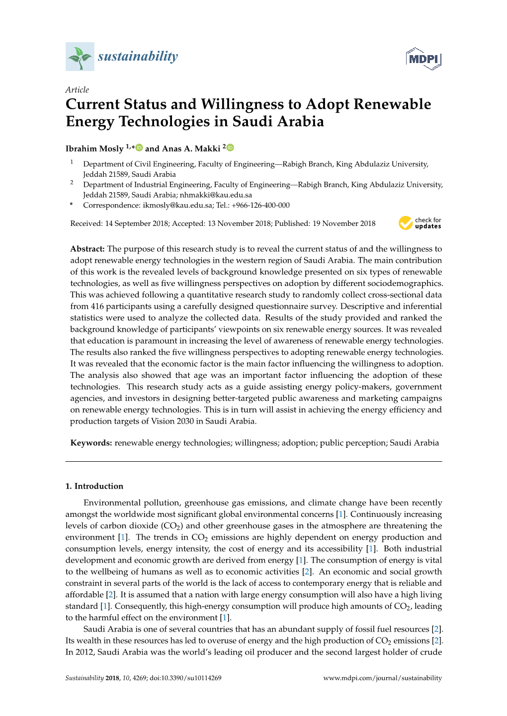 Current Status and Willingness to Adopt Renewable Energy Technologies in Saudi Arabia